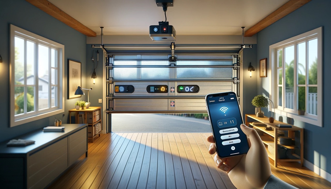 A realistic image of a modern residential garage door in Queens, New York, showcasing various safety features. The garage door is equipped