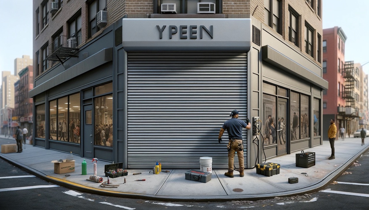 A realistic urban scene in Queens, New York, featuring a durable roll up door on a commercial building