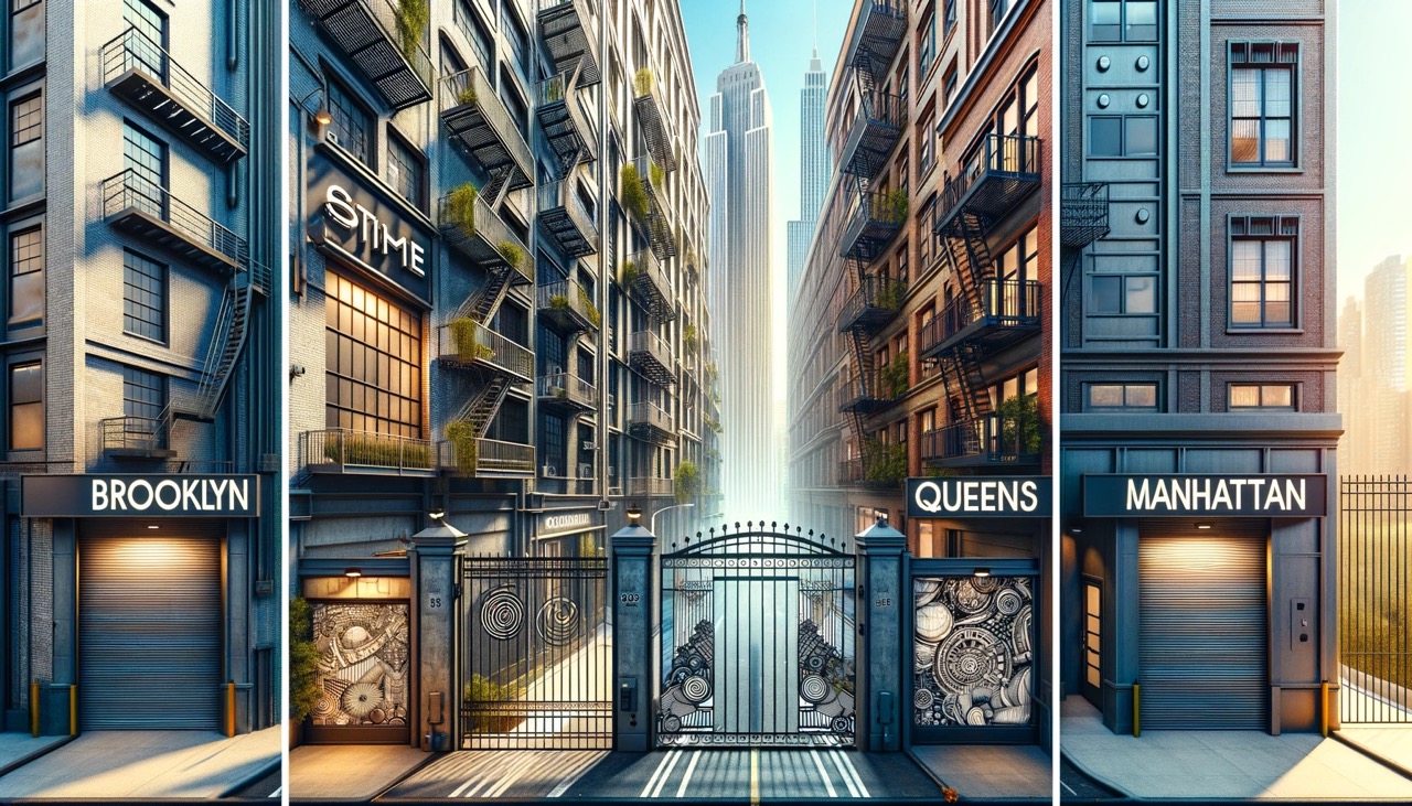 Wide panoramic image representing the diverse commercial gate preferences in New York City's boroughs. For Brooklyn, depict an industrial-chic gate wi