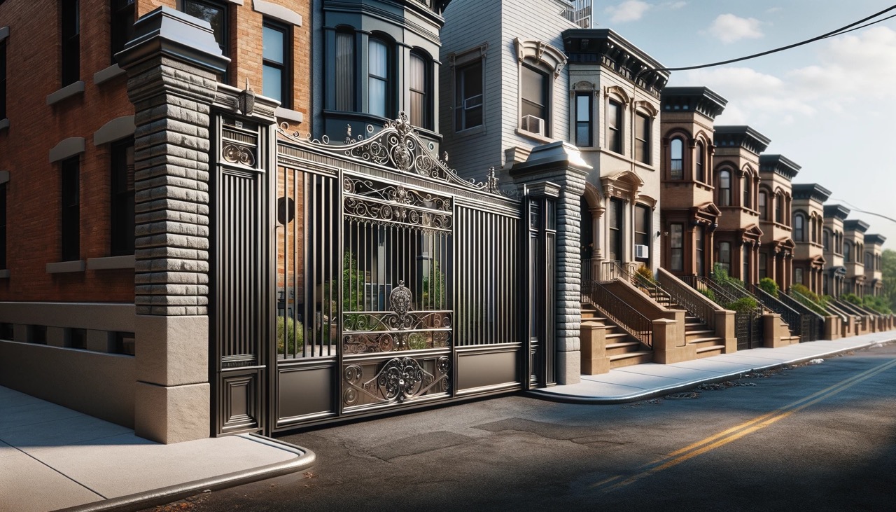 a realistic image that showcases a custom-designed, high-strength steel or aluminum rolling gate