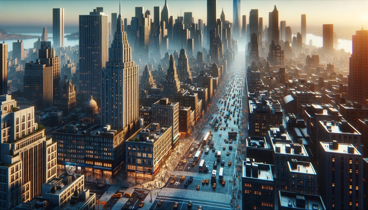 A highly detailed, realistic depiction of an urban Manhattan background in a 16_9 aspect ratio, suitable for a professional web article