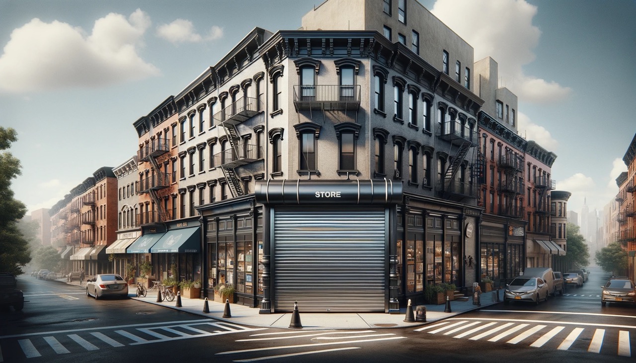 a realistic photo of a Brooklyn store with commercial rolling gates in a 16_9 aspect ratio. The scene should depict a typical Brooklyn store