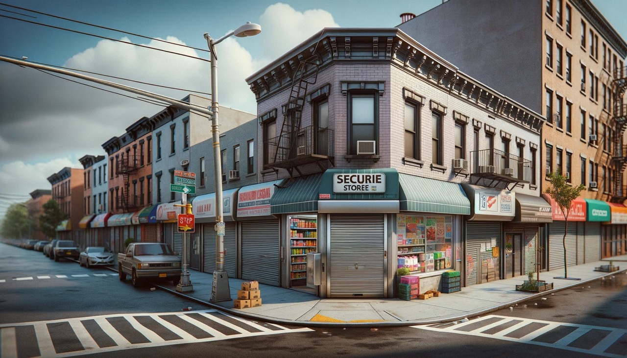 a realistic photo of a very secure roll-up door at a corner store in Queens, NY, in a 16_9 aspect ratio. The image should feature a small