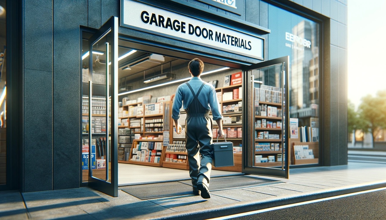 A man in a work uniform is captured in the moment as he steps into a store, the entrance clearly marked with a sign reading _garage door materials