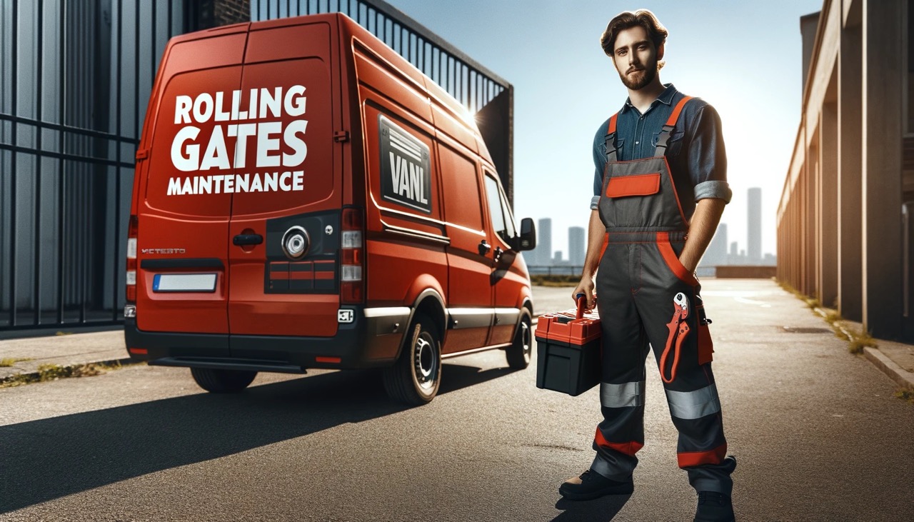 A man in work uniform stands prominently in the foreground, holding a toolbox. Behind him is a bright red van, parked and visible in its entirety. On  — big