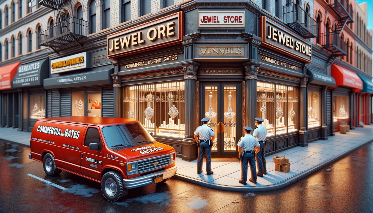 a lively street in Queens, New York, where a jewelry store with its doors open wide is prominently featured. Two security personnel in uniform