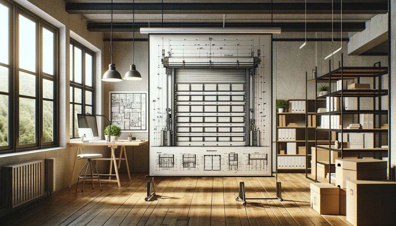a well-lit workspace with a large drafting board mounted on the wall. On this board, there's a detailed architectural drawing of modern roll-up doors
